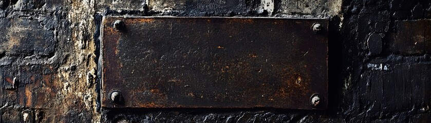 Weathered metal plate against a dark, textured wall.