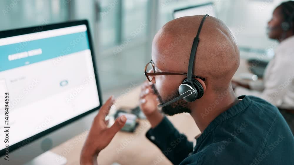 Leinwandbilder advice, man and computer screen with microphone in call center for account management, inquiry and a