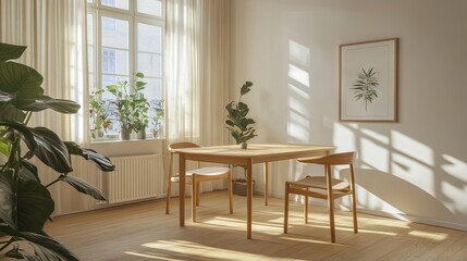 Fototapeta premium Sunny, minimalist dining area with natural light.