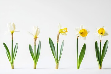 Time-lapse progression of daffodil bud from closed bulb to full bloom, minimalist design, high detail, professional lighting, soft shadows, clean composition, white background.