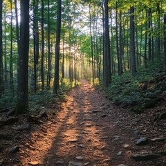 Obraz premium Sunlit Forest Trail: A Worm's Eye View of a Stone Path Through Dappled Sunlight