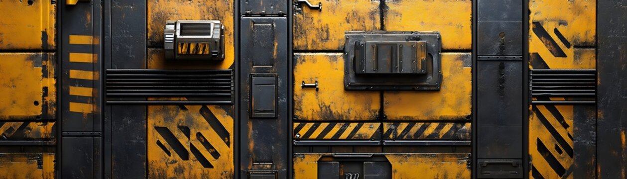 Detailed view of a weathered yellow and black industrial panel.