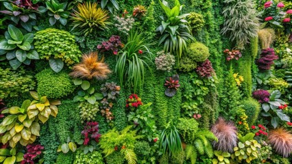 Fototapeta premium A lush green wall covered in a variety of plants and flowers with a natural planting background