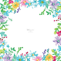 水彩画。水彩タッチのカラフルな春の花びらフレーム。色鮮やかな花のベクターイラスト。Watercolor. Colorful spring petals frame with watercolor touch. Vector illustration of colorful flowers.