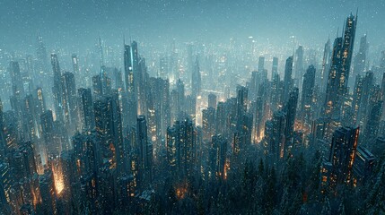 Naklejka premium Cyberpunk Cityscape Futuristic Snowy Metropolis at Night