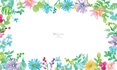 水彩画。水彩タッチのカラフルな春の花びらフレーム。色鮮やかな花のベクターイラスト。Watercolor. Colorful spring petals frame with watercolor touch. Vector illustration of colorful flowers.