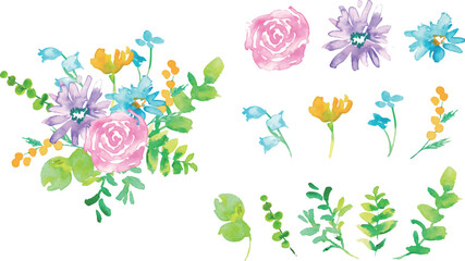 水彩画。水彩タッチのカラフルな春の花びらフレーム。色鮮やかな花のベクターイラスト。Watercolor. Colorful spring petals frame with watercolor touch. Vector illustration of colorful flowers.