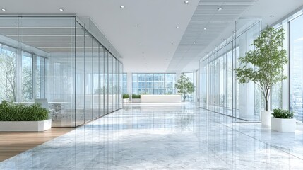 Modern Office Lobby  Glass Walls  Marble Floor  Plants