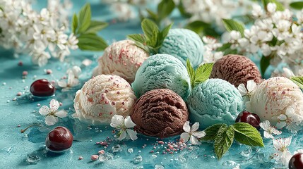 Delicious Ice Cream Scoops with Cherry Blossoms and Cherries