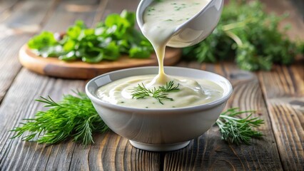 Creamy dill sauce being poured into a serving bowl ,garlic sauce,  garlic sauce