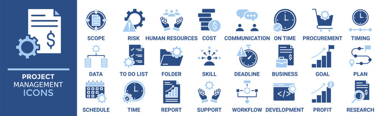 Project management icon set. Containing scope, risk, human resources, cost, communication, on time, procurement and more. Solid vector icons collection