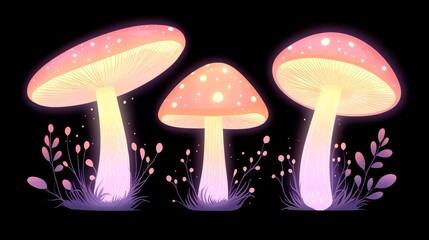 Glowing Pink And Yellow Mushrooms Pixel Art Illustration