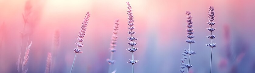 Obraz premium Delicate lavender stalks in a soft pastel sunrise.