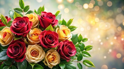 Naklejka premium A bouquet of stunning red and gold roses surrounded by lush green elegant leaves with intricate details, set against a soft white background, white background, red roses