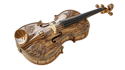 An old, wooden, classical violin, a string musical instrument often used in orchestra concerts, isolated on transparent background. PNG