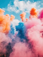 Naklejka premium Colorful Smoke Bombs Exploding Against a Bright Blue Sky with White Clouds Low Angle Shot Outdoors