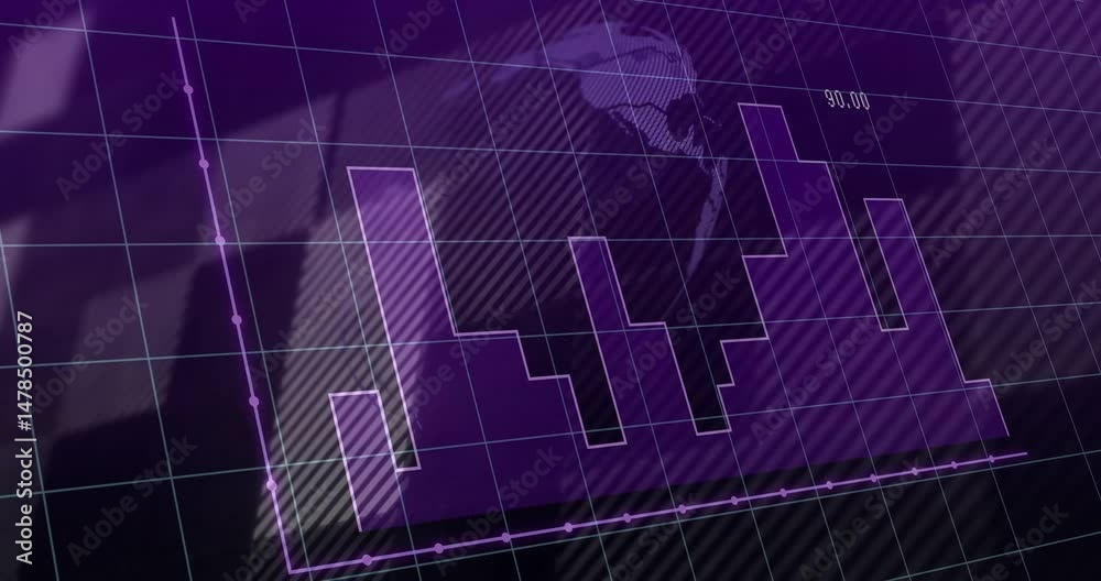 Poster purple histogram bars and line graph being animated in virtual data display with translucent grid