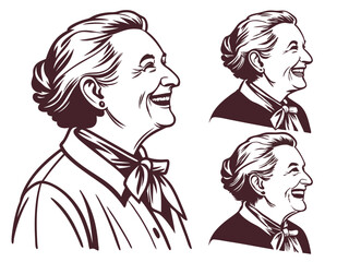 Elderly Woman Portrait Set – Bold Black and White Illustrations with Joyful Expressions
