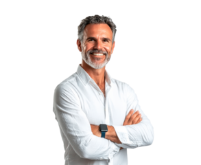 Middle-aged man wearing a white shirt, smiling confidently with arms crossed, isolated on transparent background