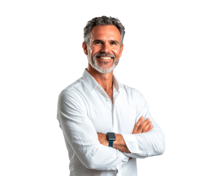 Middle-aged man wearing a white shirt, smiling confidently with arms crossed, isolated on transparent background