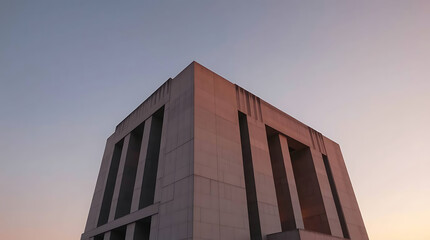 Obraz premium A monumental brutalist government building from the late 1970s, designed with massive cantilevered concrete volumes and sculptural voids, rising against a clear sky. created by generative ai