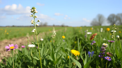 Obraz premium Blooming pennycress plant in farm field with spring flowers