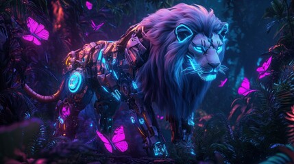 Cybernetic Lion in a Neon Jungle: A Futuristic Fantasy