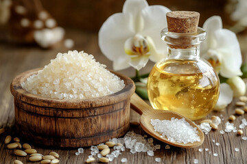 Spa relaxation setup with orchids and oil