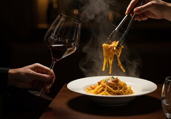 Gourmet Italian dinner experience: Serving steaming hot pasta with tongs, paired with a glass of red wine. Romantic, fine dining restaurant concept with an elegant, dark ambiance.