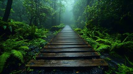 Obraz premium Rustic wooden footbridge winding through a misty lush rainforest landscape Moisture glistens on the weathered planks as ferns grow along the sides