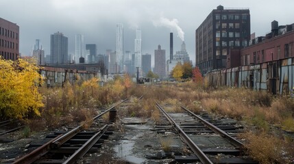 Fototapeta premium Abandoned Railroad Tracks in Front of a City Skyline
