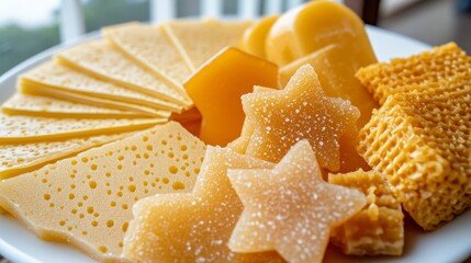 Assorted Gourmet Cheeses on Plate with Honeycomb and Shapes
