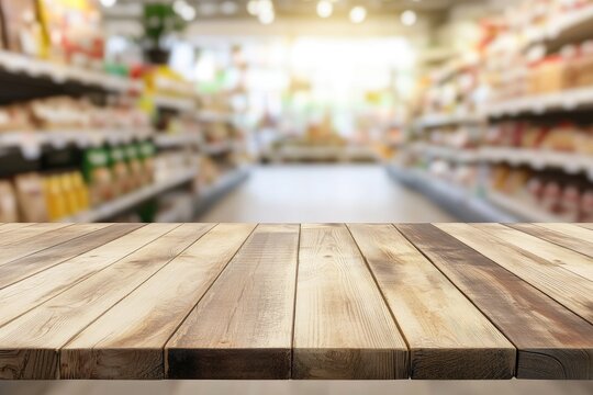 A wooden table in the foreground of a vibrant grocery store. showcasing shelves filled with colorful produce and products. creating a lively shopping atmosphere