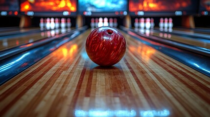Red bowling ball on polished wooden lane, ready to strike pins.