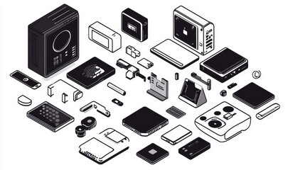 Vintage Electronics Collection in Outline Style for Graphic Use