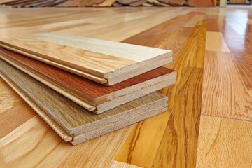 Stacked Hardwood Flooring Planks Showcasing Varieties and Installation on a Glossy Wooden Floor.