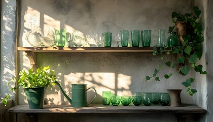 Obraz premium Rustic wooden shelves displaying a collection of teal glass items.