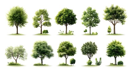 Fototapeta premium Diverse and stylized tree icons infographic with a range of shapes silhouettes and eco friendly color tones presented on an isolated background to showcase the elements