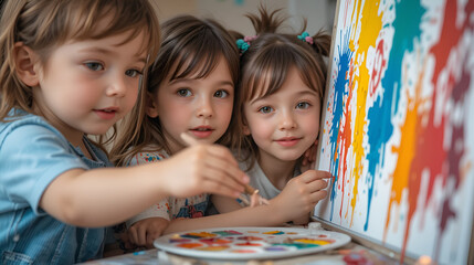 Fototapeta premium selective focus of kids with multicolored palette near canvas