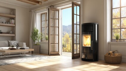 Obraz premium Serene Living Room with Natural Light and Modern Fireplace Accentuated by Warmth