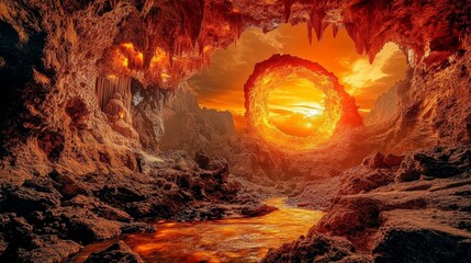 Fiery Cave Landscape with Circular Opening and Sunset Glow