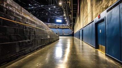 Backstage hallway in a professional sports arena featuring industrial finishes and functional design