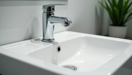 Close-up of a clean, white bathroom sink with chrome faucet , interior, contemporary