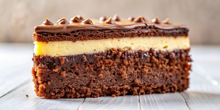Moist chocolate cake slice with a golden brown crust and creamy frosting details on close-up, cake, chocolate cake