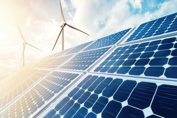 Solar Panels and Wind Turbines Generating Clean Energy in a Field Under a Blue Sky Low Angle Shot