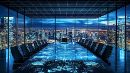 Modern Corporate Boardroom with City Skyline at Night