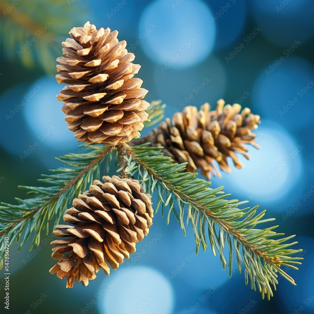 Wall mural close up of pine cones on a branch with bokeh background in winter holiday style macro shot of natur