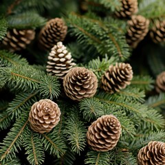 Close up of Pine Cones on Evergreen Branches Still Life Macro Shot Christmas Holiday Season Decoration