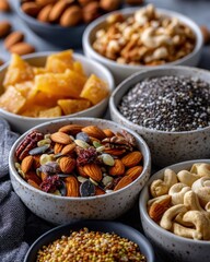 Fototapeta premium variety of raw nuts and seeds in white ceramic bowls