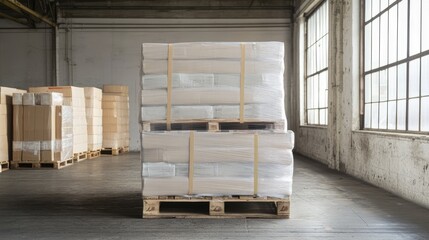 A stack of wooden pallets loaded with neatly packaged materials in a spacious warehouse. showcasing an organized storage environment with natural light filtering through large windows